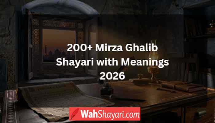 Mirza Ghalib shayari featured image showing Mughal-era poetry room with oil lamp open book and Old Delhi skyline