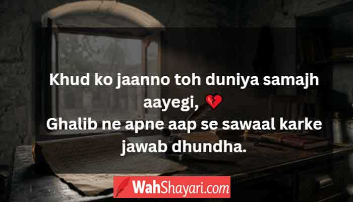 Mirza Ghalib philosophy shayari evoked by an ancient writing desk with quill inkwell and Urdu parchment