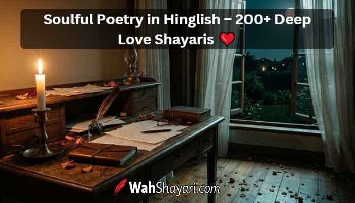 Soulful Poetry in Hinglish – 200+ Deep Love Shayaris 6 A cinematic midnight writing desk scene representing soulful poetry and heartfelt Hinglish love shayaris for deep lovers